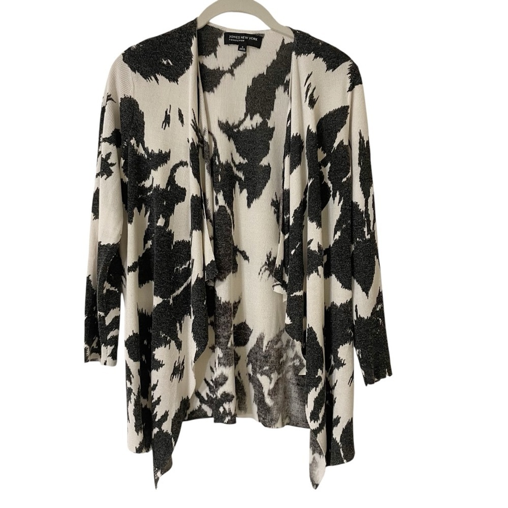 Jones New York Black and Cream Cardigan with Waterfall Front